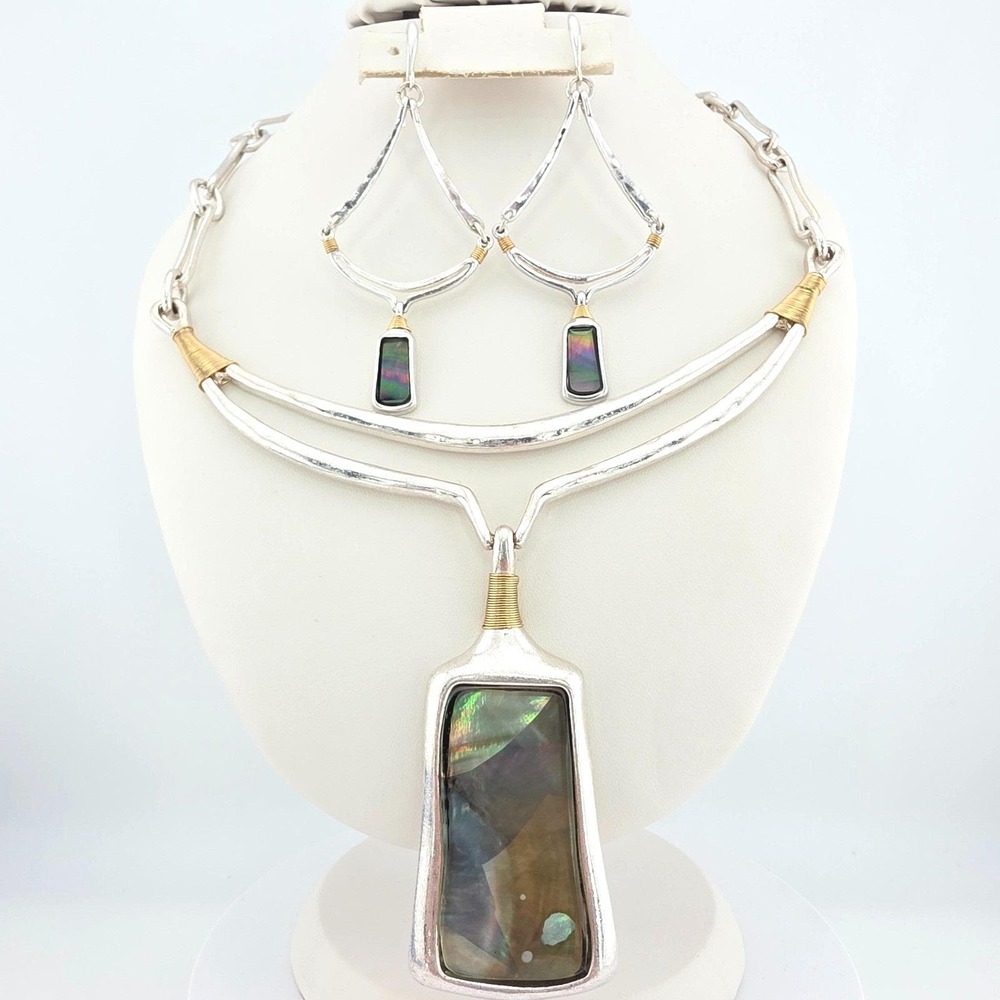 Vtg RLM Robert Lee Morris SOHO Necklace & Earring Set Abalone Shell Silver Plate